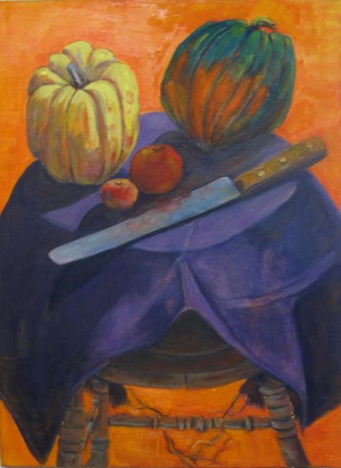 Fall kitchen still life with orange and purple theme